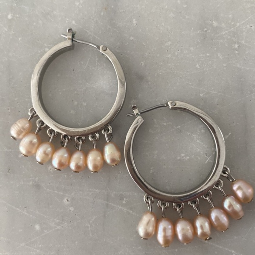Silver Hoops with Pink Fresh Water Pearls Earrings